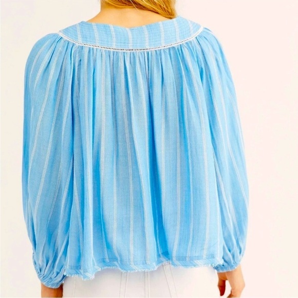 FREE PEOPLE BOHO FLOWY SKY BLUE AND WHITE STRIPED BALLOON SLEEVES TOP SI… - Picture 3 of 10